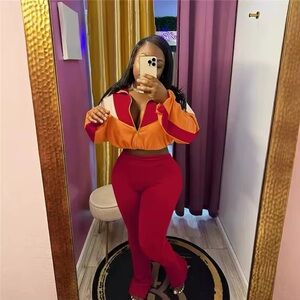 Colorblock Red and Orange Women's Jumpsuit 2 piece cotton set